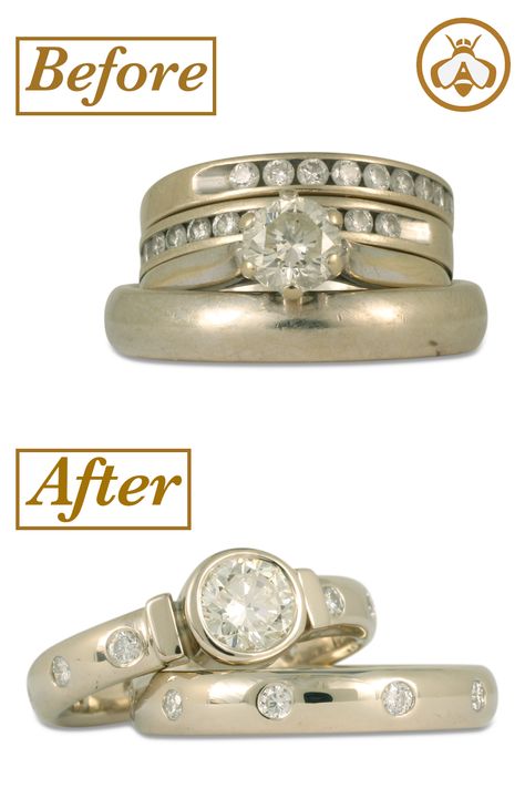 Anniversary Rings 25th Vintage, Repurposing Diamond Rings, Repurposed Diamond Jewelry, Redesigning Wedding Rings, Diamond Resetting Ideas, Redesigned Jewelry Before And After, Repurpose Wedding Rings, Redesigned Wedding Rings, Redesigned Rings Before And After