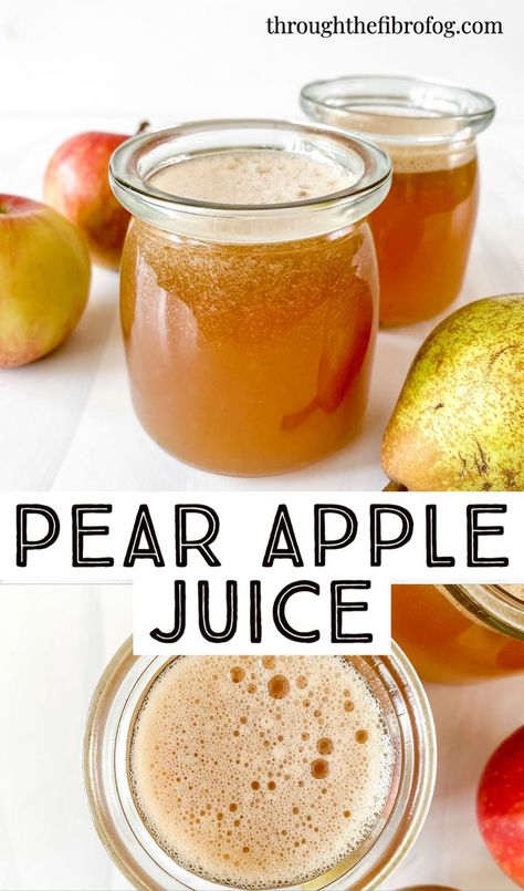 three glass jars of pear apple juice next to apples and pears. Apple Juice Recipe, Healthy Vitamins, Breakfast Juice, Fibro Fog, Homemade Juice, Low Histamine, Pear Juice, Pear Recipes, Juice Recipe