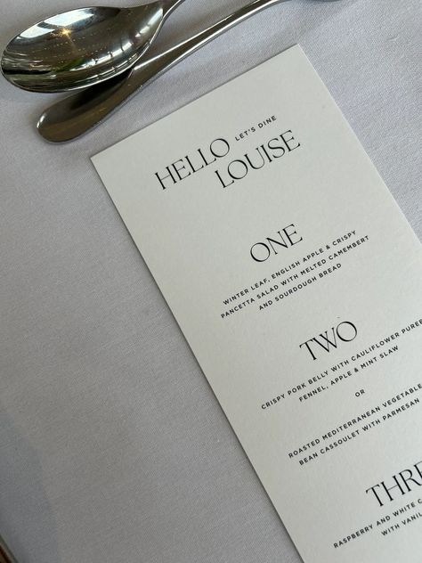 Modern weddign menus personalised with guest names. Crisp black ink printed on luxury card stock. Designed by @notesstudiouk Private Dinner Menu Design, Menus With Names Wedding, Wedding Menus With Guest Names, Menu With Name, Menus Design, Wedding Menus Design, Event Stationery, Stationery Ideas, 2024 Inspiration