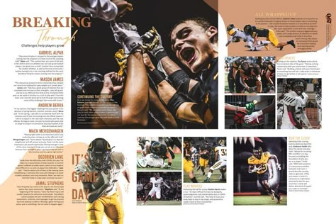 Yearbook Sports Pages, Sports Yearbook Spreads, Basketball Yearbook Spread, Football Yearbook Spread, Sports Magazine Layout, Yearbook Spreads Ideas Layout, Yearbook Sports Spreads, Newspaper Design Inspiration, Yearbook Graphic Design