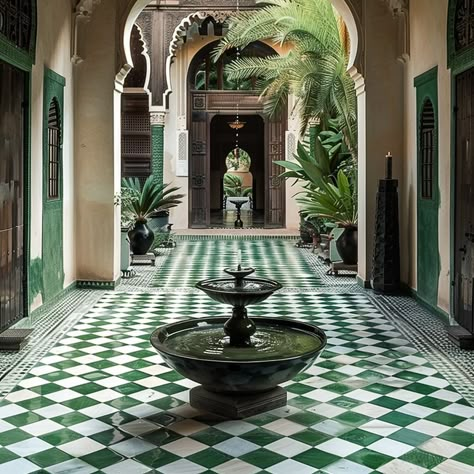 Who’s green with envy over this stunning Marrakech oasis?? 🙋🏻‍♀️ This estate exudes traditional Moroccan design with vibrant colors, intricate patterns, and rich textures. I especially love the use of arabesque motifs and arches in the doorways and openings. There’s just something about this style that invites you to come in and stay awhile….do you agree? Let me know your thoughts below!!👇 Conceptualized by @homescapedofficial ai . . . #marrakech #morocco🇲🇦 #moroccotravel #zelligetile #gr.. Moorish Garden Design, Open Courtyard Design, Riad House, Moroccan Exterior, Moroccan Patio, Morocco House, Concept Restaurant, Moroccan Colors, Marrakech Style