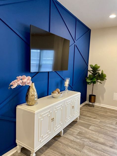 Royal Blue Accent Wall, Accent Wall With Gold, Blue Accent Wall Living Room, Navy Blue Accent Wall, Geometric Accent Wall, Blue Accent Wall, Bohemian Pictures, Blue Accent Walls, Dining Room Blue