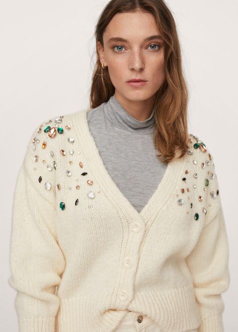 Crystal appliqué cardigan - Women | Mango United Kingdom Embellished Cardigan, Cardigan Beige, Mango