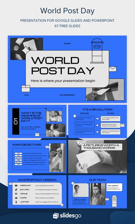 World Post Day Blue Presentation Design, Presentation Slide Design, Cool Presentation, World Post Day, Slideshow Ideas, Slideshow Design, Cv Inspiration, Ppt Template Design, Ppt Slides