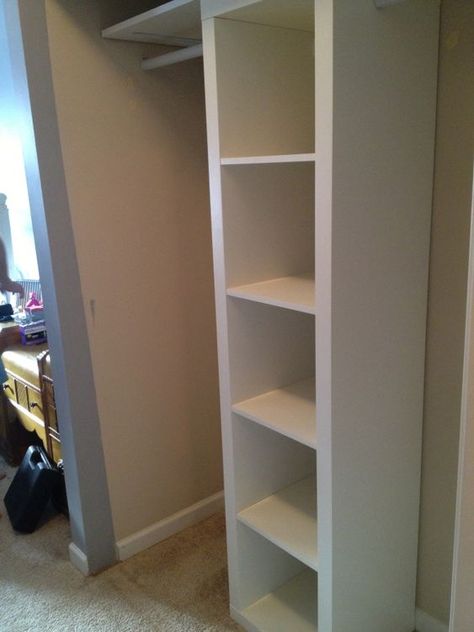 IMG_2902 Bookcase In Closet For Storage, Ikea Bookshelf Closet Hack, Kallax Clothing Storage, Closet With Cube Storage, Cube Closet Organization, Closet Cube Organizer Ideas, Closet Cubby Ideas, Kallax Wardrobe Hack, Kallax Closet Hack