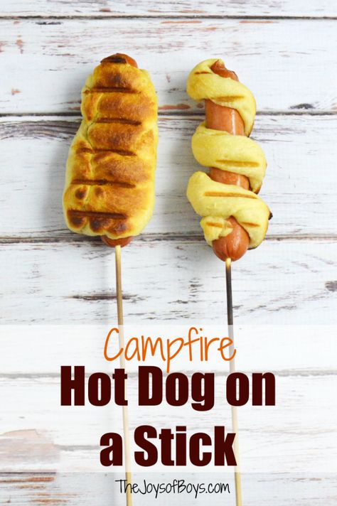 Hot Dog on a Stick: Camping Recipe Kids Will Love Hot Dog On A Stick, Camping Meals For Kids, Simple Camping, Foil Dinners, Camping Breakfast, Camping Dinners, Easy Camping Meals, Campfire Food, Campfire Cooking