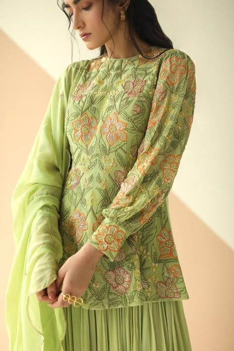 Buy Ease Green Pure Crepe Embroidered Kurta Sharara Set Online | Aza Fashions Scallop Dupatta, Jaal Embroidery, Kurta Sharara Set, Kurta Sharara, Salwar Kamiz, Casual Indian Fashion, Dresses Traditional, Indian Dresses Traditional, Dress Design Patterns