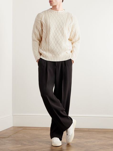 Massimo Alba's 'James' sweater is knitted from sumptuous wool in a classic cable stitch that will never go out of style. The neutral colour will nicely contrast a pair of dark trousers. Classic Fashion For Men, Mens Winter Sweater Outfits, Man Clothes Style Winter, Men White Sweater Outfit, Mens Cable Knit Sweater Outfit, Mens Sweater Fashion, Modern Preppy Style Men, Winter Men’s Fashion, Classy Winter Outfits Men