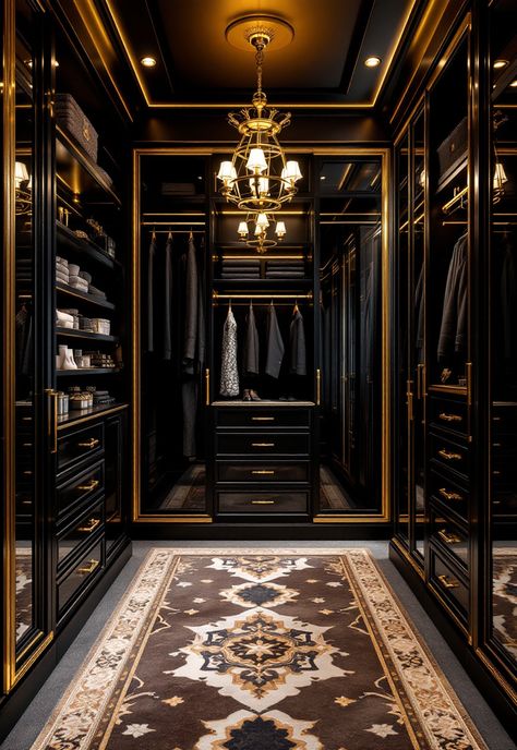 Walk in Closet Ideas House Interior Wardrobe, Luxury Black Closet, Black White And Gold Closet, Dark Walk In Closet, Moody Closet, His And Hers Closet, Boutique Style Closet, Victorian Closet, Luxurious Walk In Closet