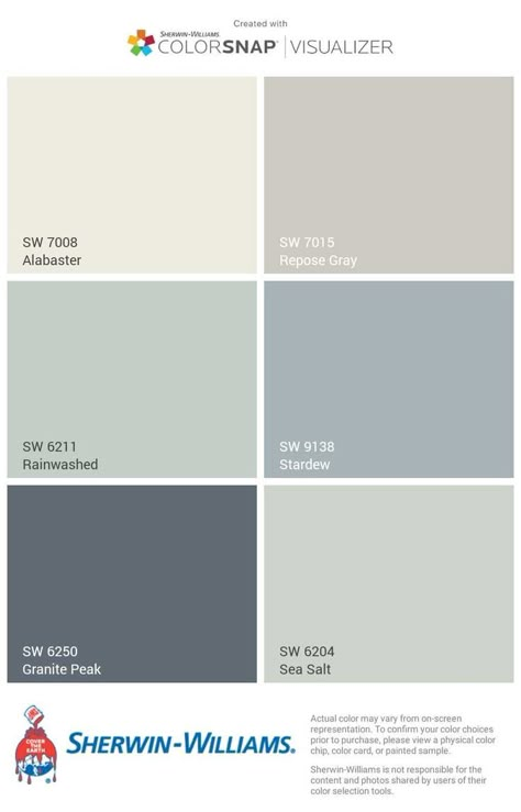 Sea Salt Color Palette Sherwin Williams, Cabin Bedroom Color Schemes, Modern Beach House Paint Colors, Sw Alabaster Color Scheme, Sherwin Williams Blues And Greys, Sherwin Williams Eucalyptus, Bathroom Color Sherwin Williams, Muted Gray Color Palette, Sherwin Williams Serenely Sw 9632