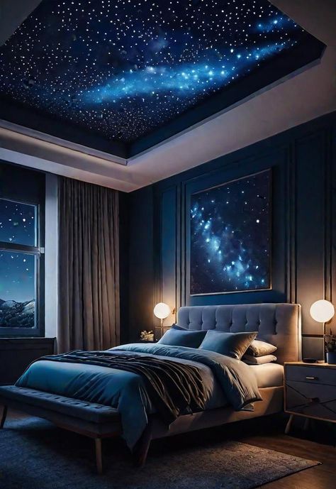 32 Enchanting and Moody Bedroom Inspirations Star Sky Bedroom, Starlight Ceiling Bedroom, Sky Ceiling Bedroom, Star Bedroom Aesthetic, Starlight Ceiling, Serenity Bedroom, Dark Modern Bedroom, Dark Bedroom Aesthetic, Celestial Motifs