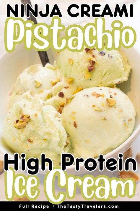 Ninja Creami Pistachio Protein Ice Cream with 323 calories, 33 grams of protein, 6 grams of sugar, 8 WW points, 22 carbs, and 11 fat for the entire pint! Creami Pistachio Ice Cream, Pistachio Protein Ice Cream, Ninja Creami Recipes Protein Shakes, Pistachio Ice Cream Recipe Ninja Creami, Pistachio Ninja Creami, Ninja Creami Ww Recipes, Ninja Creami Dairy Free Ice Cream Recipes, Ninja Creami Pistachio Ice Cream, Cottage Cheese Ninja Creami Recipes