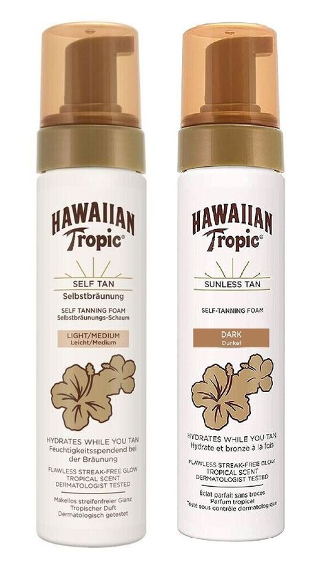 Hawaiian Tropic  Self Tanning Foam Light/Medium 200ml Pack of 1 This self-tanning foam pampers your skin, with an ultra-light formula containing Aloe & Vitamin E,  that hydrates your skin while you tan. It's also quick drying and transfer resistant.  Infused with a tropical scent that will delight your senses and transport you to the islands,  whether you're living in Maui, Madrid or Manchester! Our trusted, vegan and cruelty-free products embody the Hawaiian way of life and strive to create  a better world and a better you. Use daily for a long-lasting Hawaiian glow. Light to Medium tan Hydrates skin Flawless tan Quick Drying Dermatologist tested + Hawaiian Tropic  Self Tanning Foam Dark 200ml Pack of 1 Our self tanning foam is crafted with your inner and outer beauty in mind. This foam h Tanning Products Aesthetic, Tan Products, Quick Tan, Mermaid Stuff, Glow Light, Tropical Scent, Self Tan, Self Tanning, Perfect Tan