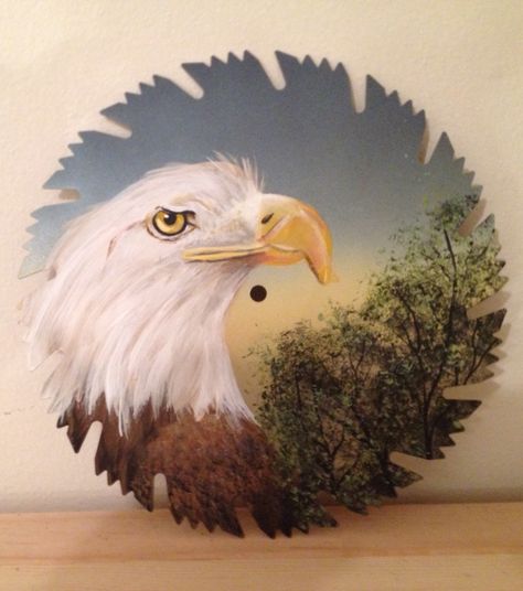 Eagle painted on 9" saw blade Painted Saw Blades, Painted Sawblades, Hand Saw Art Ideas, Sawblade Art, Painted Saws, Eagle Painting, Donna Dewberry, Tole Painting Patterns, Hand Saws