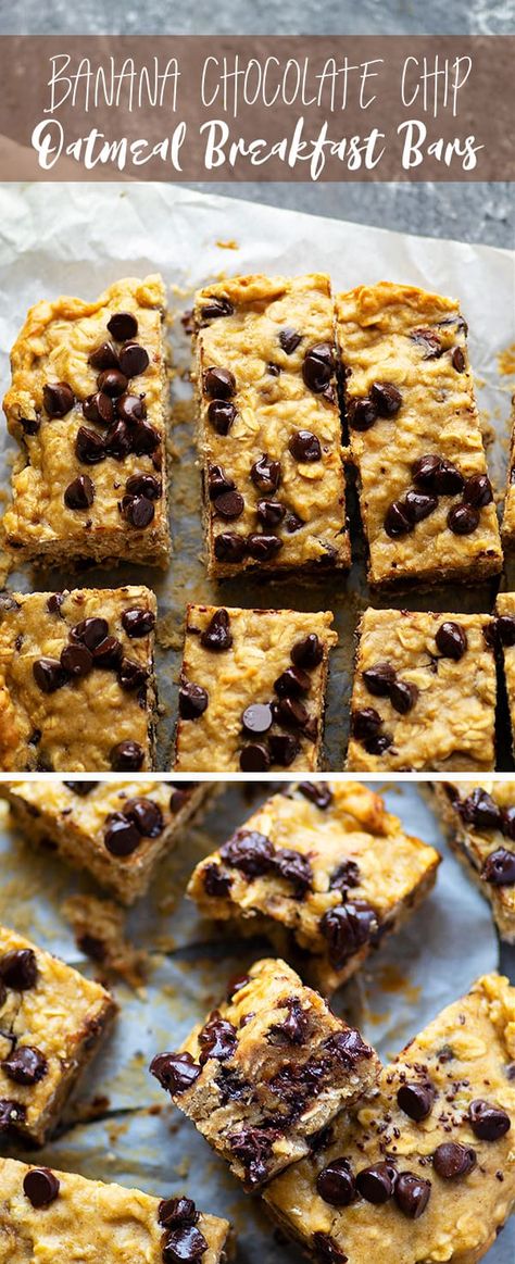 These thick, chewy banana chocolate chip oatmeal breakfast bars are the best way to start the day! Make them way ahead of time or freeze them for an easy grab 'n' go breakfast. Chocolate Chip Oatmeal Breakfast Bars, Easy Grab N Go Breakfast, Soft Baked Breakfast Bars, Banana Chocolate Chip Oatmeal Bars, London Recipes, Grab N Go Breakfast, Banana Breakfast Bars, Banana Chocolate Chip Bars, Oatmeal Chocolate Chip Bars