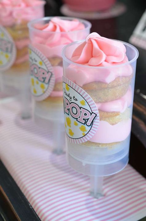 Push ups pops at a ready to pop baby shower party! See more party planning ideas at CatchMyParty.com!                                                                                                                                                                                 More Baby Shower Game Gifts, Baby Shower Cupcakes For Girls, Cake Push Pops, Push Up Pops, Pop Cakes, Pop Baby Showers, Baby Shower Cake Pops, Girl Cupcakes, Push Pop