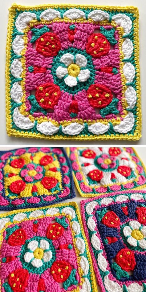 Bright and atmospheric, this crocheted square will remind you of the days spent with grandma in the village. It preserves the spirit of summer, cheerful and warm, and allows you to feel this atmosphere during the cold months of the year. The blanket made with these squares will be very cozy. The free crochet pattern is easy to follow. #freecrochetpattern #crochetsquare #crochetbuildingblocks #fruitcrochet Funky Granny Squares, Funky Crochet Patterns Free, Crochet Ideas For Mom, Weird Crochet Ideas, Fun Granny Squares Free Pattern, Cool Granny Squares, Funky Crochet Patterns, Fun Crochet Blanket, Fun Granny Squares