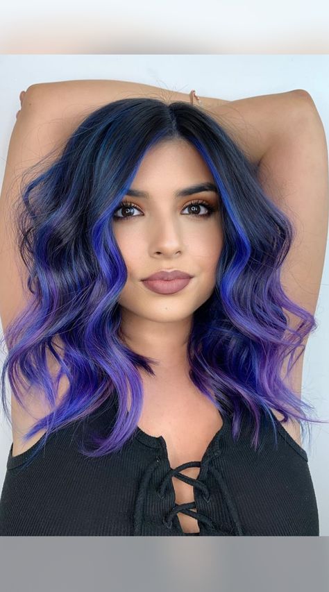 Vivid Hair Inspiration, Dark Brown Hair With Vivid Color, Lived In Vivid Hair, Blue And Purple Hair, Blue Black Hair Color, Pastel Purple Hair, Unnatural Hair Color, Natural Brown Hair, Purple Balayage