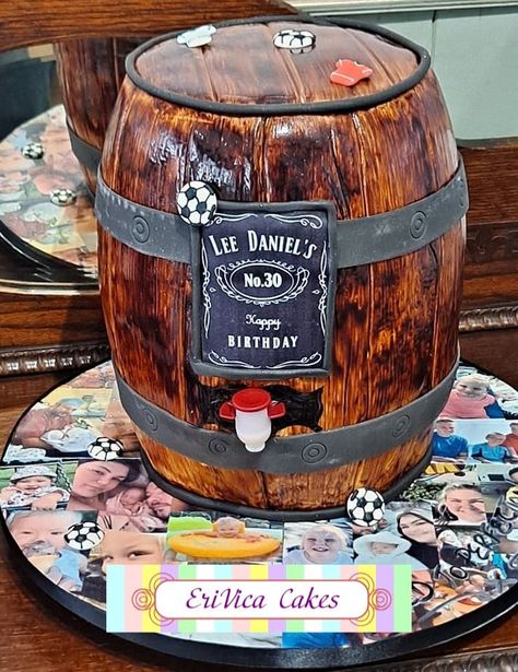 30th Birthday Personalised Jack Daniel's Tennessee Whiskey barrel cake with working tap! Barrel Birthday Cake, Whiskey Barrel Cake, Wine Bottle Cake, Jack Daniels Barrel, Barrel Cake, Jack Daniel's Tennessee Whiskey, Bottle Cake, Buttercream Cake Decorating, 50th Birthday Cake