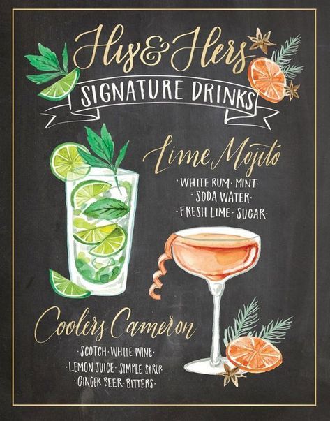 Signature Cocktail Drinks, Cocktail Signs, Wedding Bar Menu Sign, Menu Illustration, Signature Drink Sign, Bar Menu Sign, Bar Menu Wedding, Sign For Wedding, Cocktails Sign