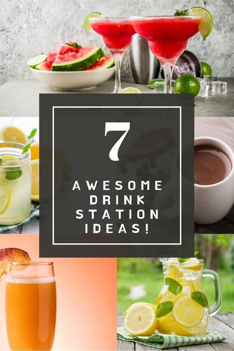 Planning an event and after a fun way to serve your guests beverages? Why not opt for a fun and unique drink station?! From lemonade stands (with a twist!) to frozen margarita bars, the 7 awesome drink station ideas in this article are a must-see! Party Beverage Station Ideas, Self Serve Margarita Bar, Lemonade Bar Beverage Stations, Beverage Bar Ideas Drink Stations, Margarita Bar Ideas Drink Stations, Margarita Bar Ideas, Drink Station Ideas Party, Margarita Bars, Ice Tea Bar