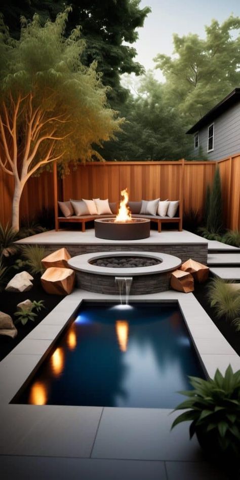 30 Breathtaking Backyard Plunge Pools Redefining Luxury Living - Peak Patio Life Small Pool And Fire Pit Backyard, Small Luxury Backyard, Plunge Pool Ideas Small Spaces, Backyard With Pool Ideas, Fire Pit And Seating Area, Small Pools For Small Yards, Plunge Pool Ideas, Small Backyard Pool Ideas, Pool Garage