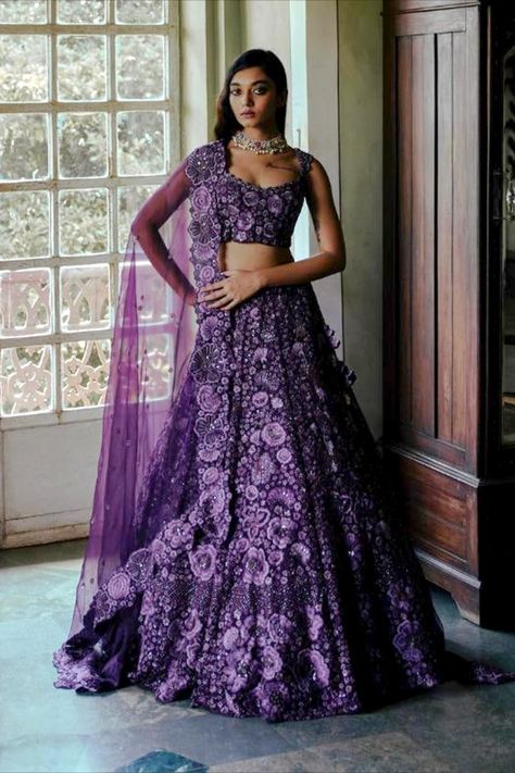 Purple Reception Lehenga, Dark Purple Lengha, Purple Indian Wedding Dress, Purple Lehenga Bridal, Purple Indian Outfit, Purple Indian Dress, Purple Bridal Lehenga, Dark Purple Lehenga, Purple Lengha