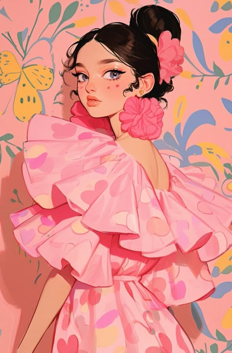 Digital Art Inspiration, Girly Art Illustrations, Pink Floral Dress, Dreamy Art, Digital Art Girl, Girly Art, الرسومات اللطيفة, Fashion Illustrations, Cartoon Art Styles