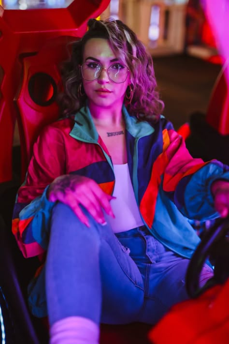 90s Arcade Aesthetic Outfit, Arcade Photoshoot Outfit, Arcade Game Photoshoot, Comic Book Store Photoshoot, 80s Arcade Photoshoot, 80s Themed Photoshoot, Streamer Photoshoot, 80s Theme Photoshoot, Comic Book Photoshoot