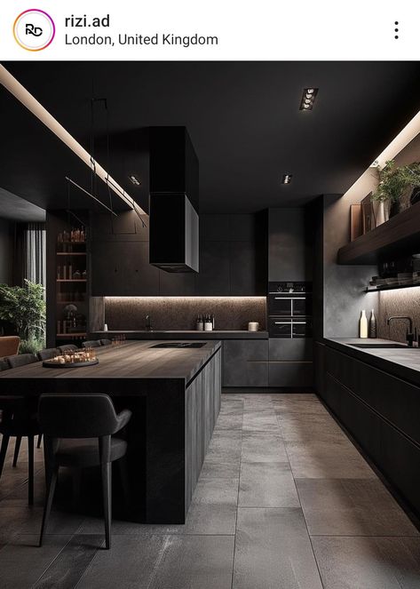 Dark Modern Kitchen, Dark House Aesthetic, Dark Modern House, Interior Design Secrets, Modern Black Kitchen, Matte Black Kitchen, Barn Shop, Dark Modern, Black Interior Design