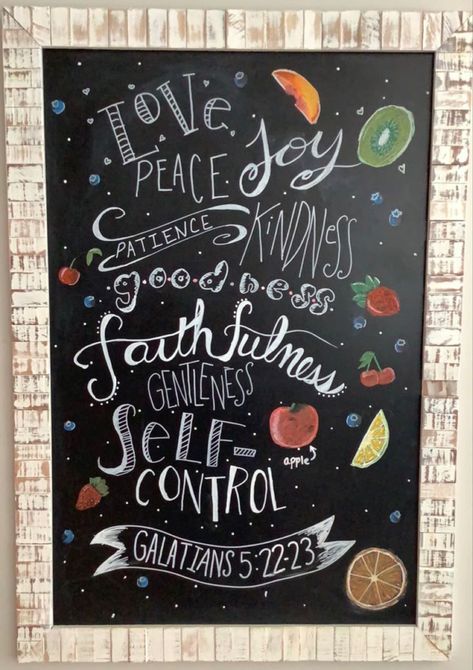 Chalkboard Art Bible Verse, Chalk Illustration, Chalk Markers Art, Holly Spirit, Fruits Of The Spirit, Pure Skin, Nutrition Bars, Board Art, Chalk Markers