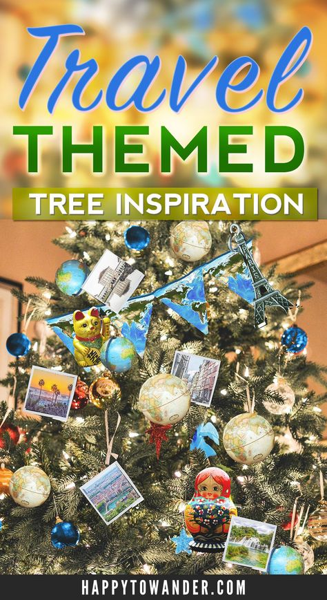 Travel-themed Christmas tree inspiration! For all us crafty wanderlusters who want a festive way to celebrate our love of travel. Travel Christmas Tree, Christmas Tree Inspiration White, Types Of Christmas Trees, Travel Ornament, Travel Christmas, Travel Tree, Tree Inspiration, Travel Crafts, Tree Ribbon