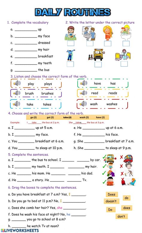 Daily Routines online exercise and pdf. You can do the exercises online or download the worksheet as pdf. Daily Routine Worksheet, Daily Routine Activities, Cvc Worksheets, Family Worksheet, Simple Past Tense, Simple Present, Worksheets Kindergarten, English Exercises, Verb Worksheets