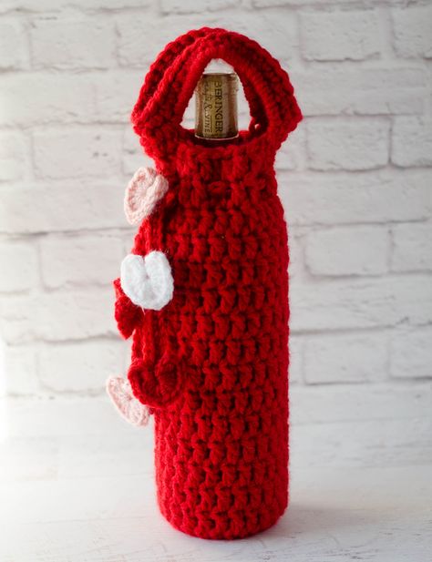 Make this sweet crochet bottle cover tonight! Valentine’s wine cozy! #crochetbottlecover #winecozy #lovecoupons Crochet Bottle Cover, Crochet Cozies, Wine Cozy, Crochet Wine, Crochet Conversion Chart, Crazy Crochet, Crochet Valentine, Bottle Cozies, Cozy Pattern