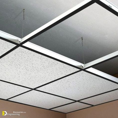 How To Install A Suspended Ceiling? | Engineering Discoveries Draw A Room, Black Drop Ceiling, Suspended Ceiling Design, Suspended Ceiling Tiles, Drop Ceiling Grid, Grid Ceiling, Fluorescent Light Fixture, Office Ceiling, Ceiling Grid