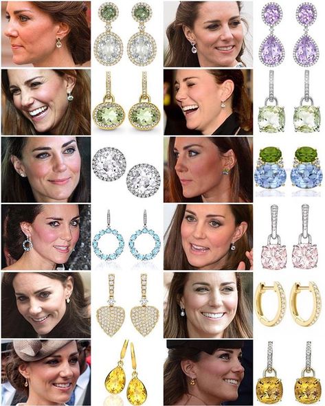 Kate's updated @kikimcdonough earring collection (left to right, top to bottom): 1: Special edition earrings made of green tourmalines, green amethysts and diamonds - made especially to celebrate Charlotte's birth. 2: Lavender amethyst pear and oval drops £3,900 / $5,686 3: Green amethyst and diamond oval drop earrings £2,600 / $3,900 4: Green amethyst and diamond cushion drop earrings £1,300 / $1,950 5: White topaz and diamond stud earrings £1,210 / $1,815 6: Large peridot and blue topaz do... Kate Middleton Earrings, Kate Middleton Jewelry, Looks Kate Middleton, Kiki Mcdonough, Princess Katherine, Royal Crowns, Lavender Amethyst, Royal Family England, Royal Tiaras