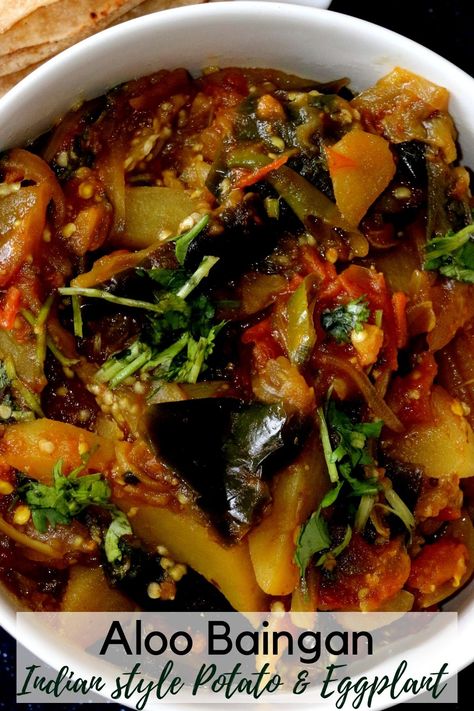 Aloo baingan is a Indian style vegan recipe made with eggplants and potatoes. It can be served with rice as well any Indian bread like roti, naan, paratha. #aloobaingan #easyeggplantrecipe #healthyrecipe #easyindianrecipe Indian Eggplant And Potato Recipes, Indian Veggies Recipe, Eggplant Indian Recipes Vegetarian, Aloo Baingan Recipe Punjabi, Indian Aloo Recipe, Egg Plant Recipes Indian, Indian Subji Recipes, Obergine Recipes, Indian Eggplant Recipes Simple