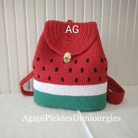 Crochet Watermelon Bag, Crochet Handbag Patterns Free, Crochet Bag Ideas, Watermelon Bag, Mochila Crochet, Pack Instagram, Crochet Tee, Crochet Fruit, Amazing Crochet