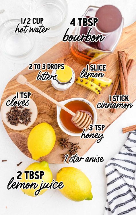 Hot Toddy raw ingredients that are labeled Winter Drink Ideas, Hot Toddy Recipe For Colds, Toddy Recipe, Spiked Hot Chocolate, Lemon And Honey, Hot Toddies Recipe, Spicy Drinks, Spiced Drinks, Winter Drink