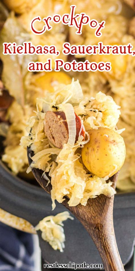 Easy slow cooker recipe with kielbasa, sauerkraut, and potatoes is a yummy, hearty meal that's simple to make and great for busy families Kielbasa Sauerkraut Crockpot, Sour Kraut And Kielbasa Crockpot, Saurkraut And Kielbasa Potatoes, Smoked Sausage Sauerkraut And Potatoes, Kielbasa And Potatoes Sauerkraut, Slow Cooker Sauerkraut And Kielbasa, Kielbasa Sauerkraut Recipes, Sauerkraut And Kielbasa Crockpot, Sausage Sauerkraut Potatoes Crockpot