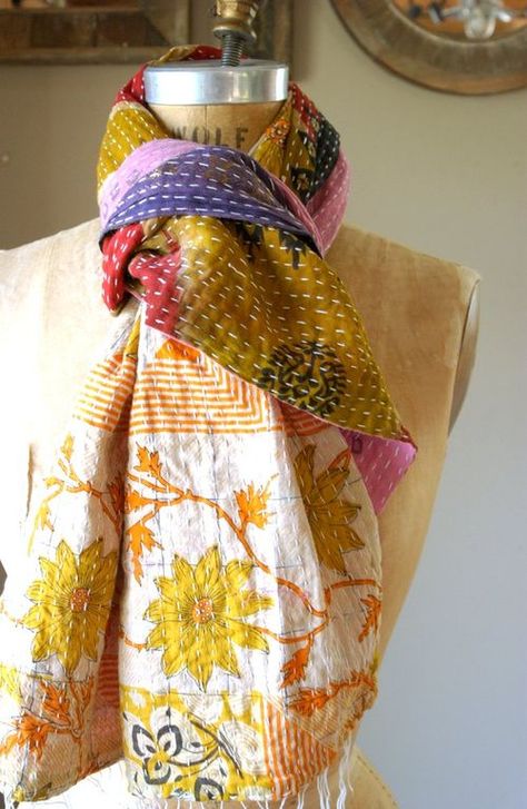 Sashiko Scarf Diy, Sashiko Scarf, Boro Scarf, Quilt Scarf, Quilted Scarf, Scarf Embroidery, Sewing Scarves, Kantha Silk, Boro Stitching