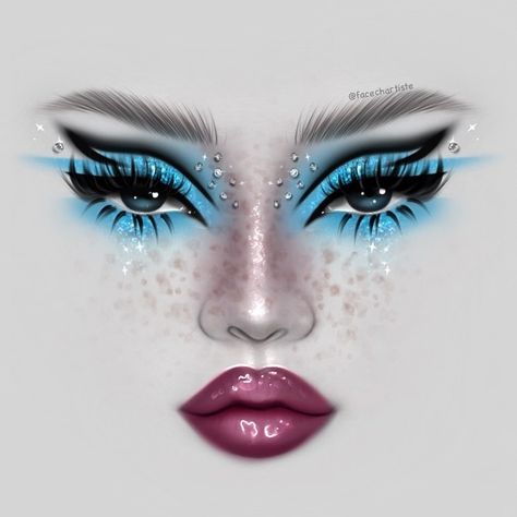 Digital Face Drawing, Ruined Makeup, Makeup Turquoise, Eye Makeup Creative, Face Chart Makeup, Sky Makeup, Digital Face, Futuristic Makeup, Holloween Makeup