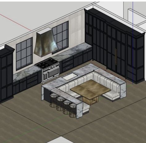 Kitchen Island With Nook Seating, Kitchen Booth Island, Large Kitchen Island With Table Attached, Kitchen With Pantry Layout Open Concept, Oversized Kitchen Island With Seating, Big Open Kitchen And Living Room, Kitchen Island Built In Seating, Two Island Kitchen Layout, Big Family Kitchen