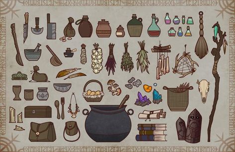 Kitchen Props Concept Art, Witch Things Drawing, Witch Items Drawing, Witch Items Illustration, Witch Props Art, Fantasy Props Art, Witch Cottage Drawing, Witch Objects, Witch Materials