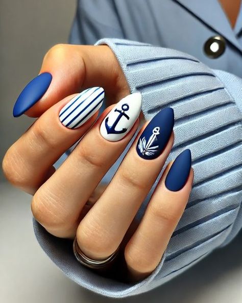 Tamara Margaryan on Instagram: "Nautical Nails ⚓️  Description Sail into style with this elegant nautical nail design! Navy blue and white stripes, paired with anchor motifs, add a sophisticated maritime touch.  #nailartist #naildesigner💅 #ɴᴀɪʟɪɴsᴘᴏ #nailfashion #NailTrends #summernails💅 #manicure #nauticalnails⚓ #AnchorDesign #trendynailsgreece #nailstagram💅  #naildesignby_tamara" Anchor Nail Designs, Nautical Nail Designs, March Nail, Light Blue Nail Designs, Striped Nail Designs, Spring Manicure, Trendy Manicure, Nautical Nails, Blue And White Nails