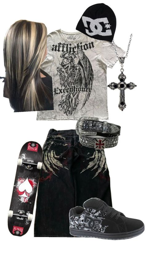 idk Affliction Style Girl, Affliction Outfits Girl, Cybersigilism Clothes, Affliction Girl, Emo Baddie Outfits, Affliction Fits, Easy Y2k Outfits, How To Style Grey Sweatpants, Affliction Outfits