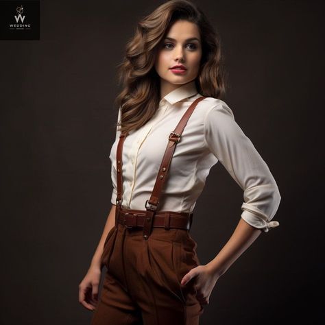 Womens Suspenders Outfit, Modern Vintage Outfits Women, Suspenders Outfit Women, Colored Trousers, Suspenders Outfit, Brown Suspenders, Crisp White Blouse, Suspenders For Women, High Waisted Bottoms