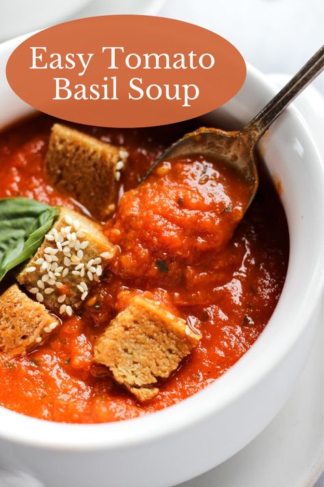 If you're looking for a quick and easy weeknight meal, you have to try this Whole30 Tomato Basil Soup! It's made with roasted garlic, fresh basil, and it doesn't take much effort to make. Serve with homemade croutons or a thick slice of toast! Cassava Flour Bread, Dairy Free Soup Recipe, Dairy Free Soup, Flour Bread, Basil Soup, Dried Basil, Cassava Flour, Tomato Basil Soup, Whole30 Recipes