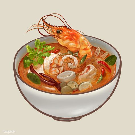 Tom Yum Kung soup illustration | premium image by rawpixel.com Soup Illustration, Sweet And Sour Shrimp, Soup Sticker, Tom Yum Kung, Tom Yum Goong, Boat Noodle, Recipe Drawing, Tom Yum, Foodie Art