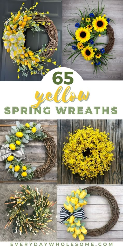 Spring Wreaths For Front Door Diy Summer, Spring Sunflower Wreath, Yellow Spring Wreath For Front Door, Lemon Door Wreath, Easy Spring Wreaths To Make, Spring Diy Wreath Front Doors, Spring Door Hangers Diy Wreath Ideas, Spring Wreath Diy Dollar Stores, Yellow Wreaths For Front Door